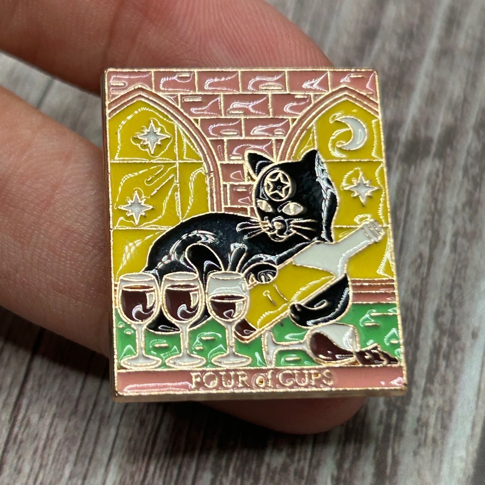 NEW Enamel Pin “Four of Cups” Cat Wine Tarot Divination Witchy Magic Goth